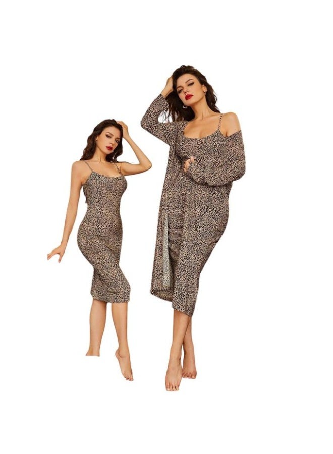 Women Leopard Print Lounge Wear Set Soft Butter Lycra Midi Dress with Matching Long Robe Lightweight Stretch Comfortable Home Wear Free Size Up to 65 KG - Image 1