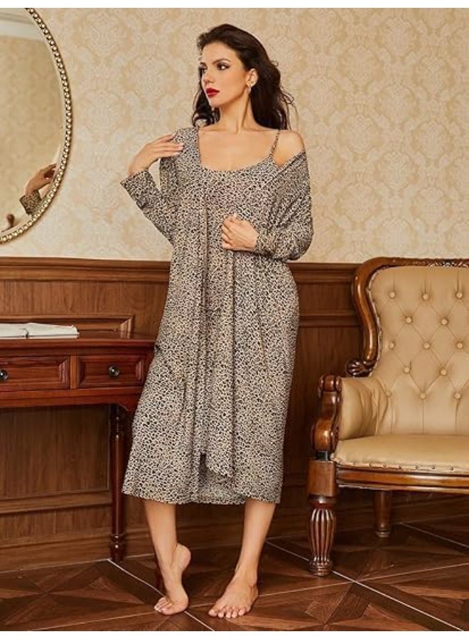 Women Leopard Print Lounge Wear Set Soft Butter Lycra Midi Dress with Matching Long Robe Lightweight Stretch Comfortable Home Wear Free Size Up to 65 KG - Image 3