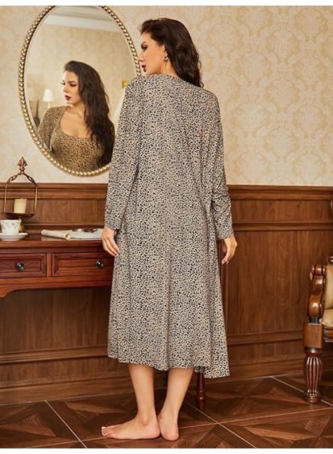 Women Leopard Print Lounge Wear Set Soft Butter Lycra Midi Dress with Matching Long Robe Lightweight Stretch Comfortable Home Wear Free Size Up to 65 KG - Image 5
