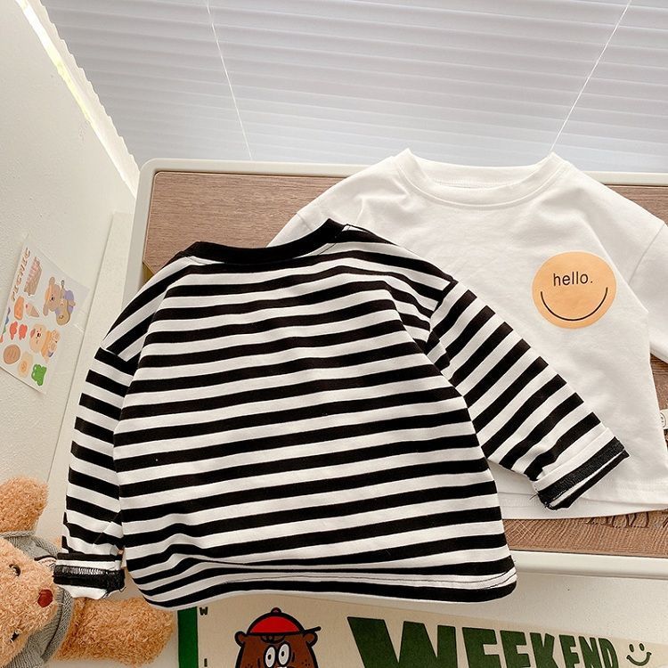 New Children'S Striped Smiley Print Boys And Girls Cotton Long Sleeve T-Shirt Baby Loose Baby Base Shirt Trendy T - Image 5