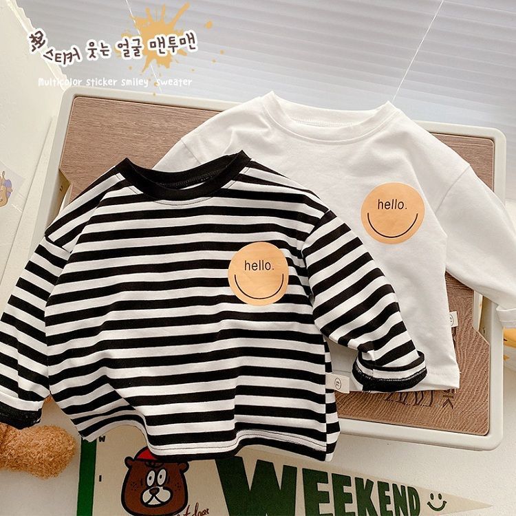 New Children'S Striped Smiley Print Boys And Girls Cotton Long Sleeve T-Shirt Baby Loose Baby Base Shirt Trendy T - Image 2