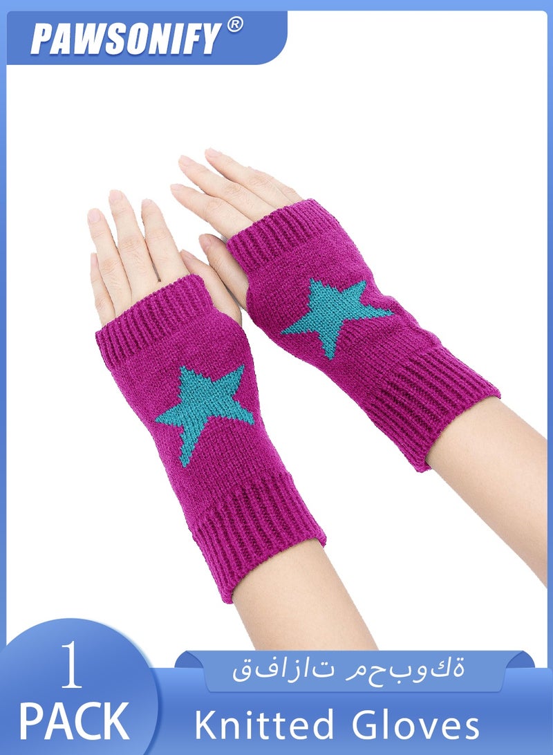 PAWSONIFY Fingerless Star Printed Knitted Gloves - Wrist Warmers Mittens Knitted Gloves for Women Men Typing - Image 1