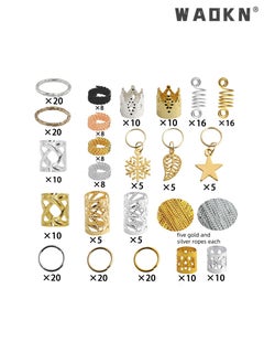 دبليو أيه أو كي أن 259PCS اكسسوارات مجوهرات الشعر للنساء أو الرجال الضفائر، حبل الشعر التاج المعدني جوفاء راو حبل الدائري، الشعر الألومنيوم الخرز سحر الذهب الضفائر حلقة الأصفاد مقاطع مع المعلقات لزينة الشعر  - Image 3