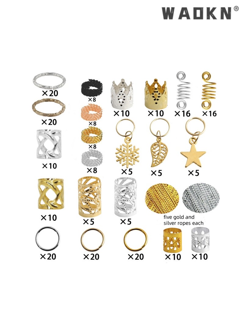 WAOKN 259 PCS Hair Jewelry Accessories for Women or Men Braids, Hair Rope Metal Crown Hollow Rao Rope Ring, Hair Aluminum Beads Charms Gold Braids Ring Cuffs Clips with Pendants for Hair Decorations  - Image 3