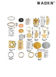 دبليو أيه أو كي أن 259PCS اكسسوارات مجوهرات الشعر للنساء أو الرجال الضفائر، حبل الشعر التاج المعدني جوفاء راو حبل الدائري، الشعر الألومنيوم الخرز سحر الذهب الضفائر حلقة الأصفاد مقاطع مع المعلقات لزينة الشعر  - Image 2
