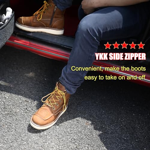 ROCKROOSTER Magnolia 6" Side-Zipper Wedge Boots for Men, Lightweight Soft Moc Toe Motorcycle Boots SAP309-Brown-14 - Image 3
