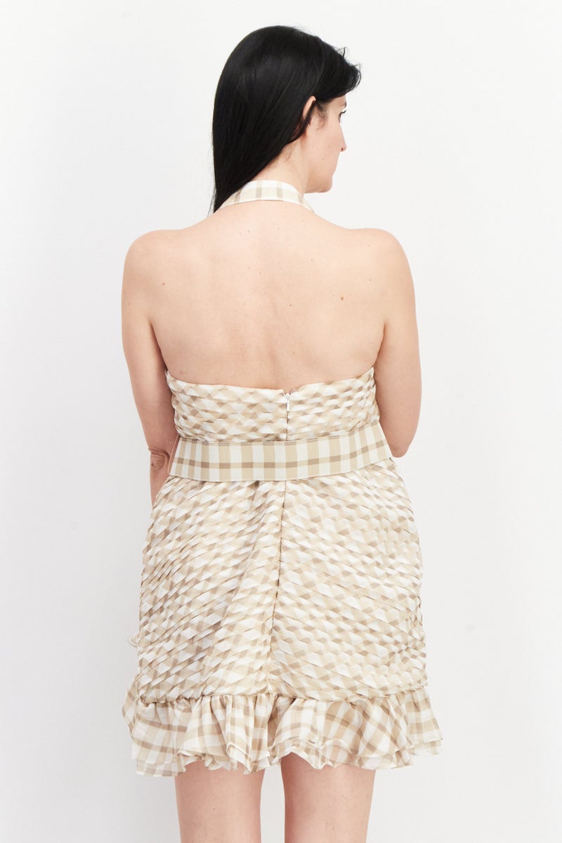 ASOS Women Plaid With Belt Mini Party Dress, Beige - Image 4