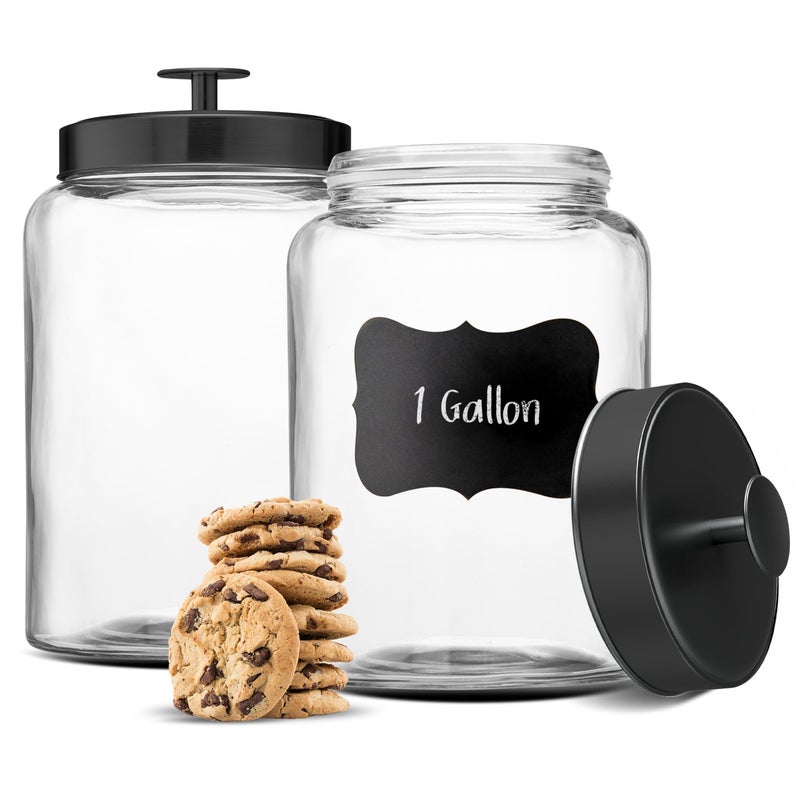 Kook حاويات تخزين زجاجية من كوك مع أغطية، جرة زجاجية مع غطاء، 1 جالون، مجموعة من 2، حاوية زجاجية، تخزين، غسيل، جرة مطبخ، (دائري، أسود) - Image 1