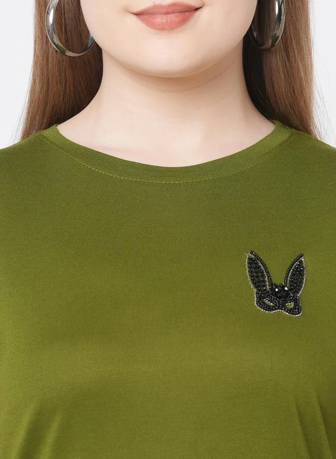 Mish Mish Women Olive Embellished Bunny Detail Short Sleeve T-Shirt