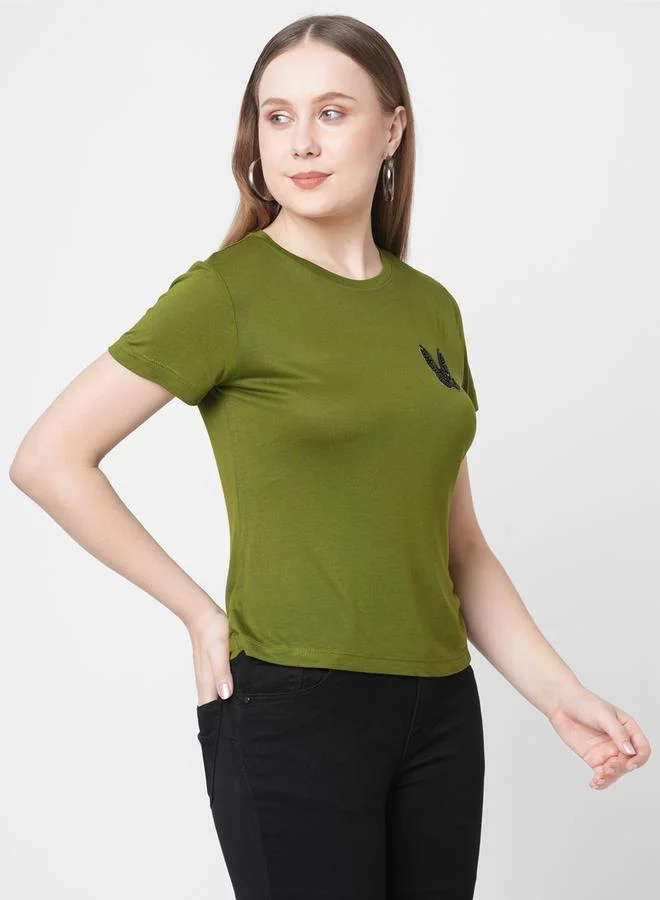 Mish Mish Women Olive Embellished Bunny Detail Short Sleeve T-Shirt
