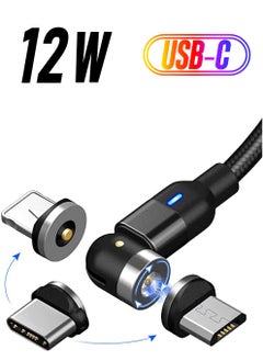 Charging Cable 360° & 180° Rotation Type Charging Cable, Nylon Braided Led Weak Magnet Charger Cable Fit for Micro Type-c iPhone Cable, Nylon and Thick Copper Core Black