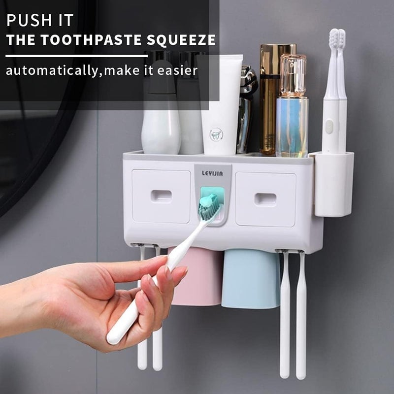 CLOUDTAB Toothbrush Holder Wall Mounted, Multifunctional Toothbrush Organizer with Automatic Toothpaste Dispenser, 2 Magnetic Cups, 8 Brush Slots & 2 Storage Drawer for Bathroom, Washroom [ White ] - Image 4