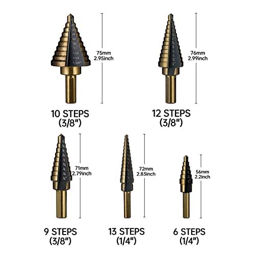 IRONANT Step Drill Bits, 5PCS HSS Titanium Step Drill Bit Set, 50 Sizes High Speed Steel Step Bits for Metal with Aluminum Case - Image 3