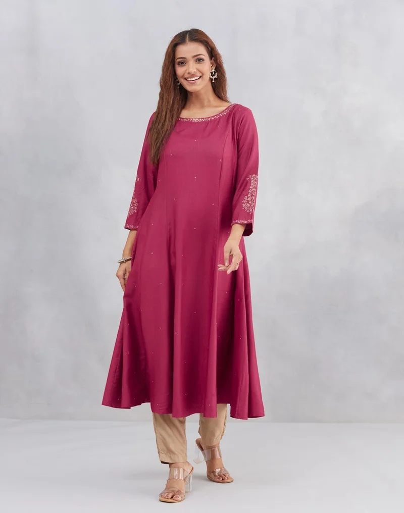 Fabindia Pink Viscose Silk Embroidered Slim Fit Long Kurta