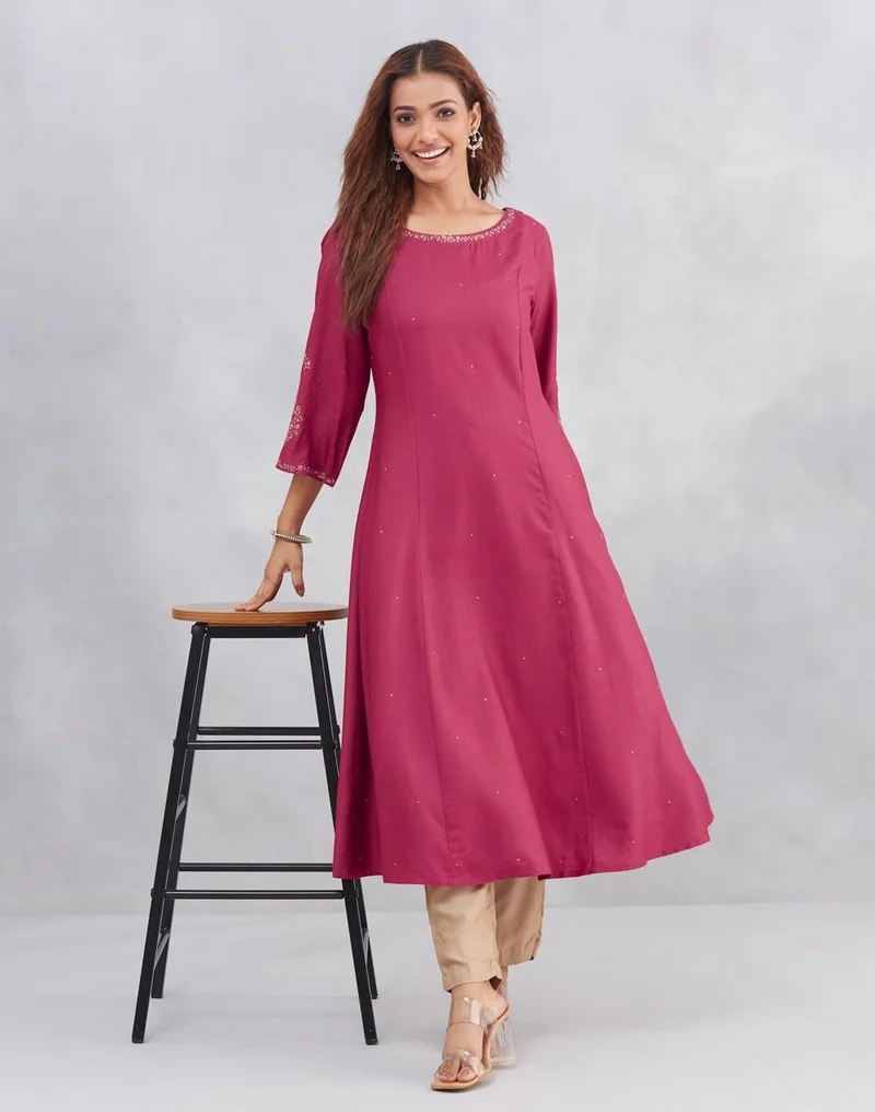 Fabindia Pink Viscose Silk Embroidered Slim Fit Long Kurta