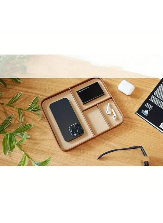 Grey Faux Leather Bedside Tray Organizer For Keys Watches Wallets Jewelry Storage Rack - Image 3