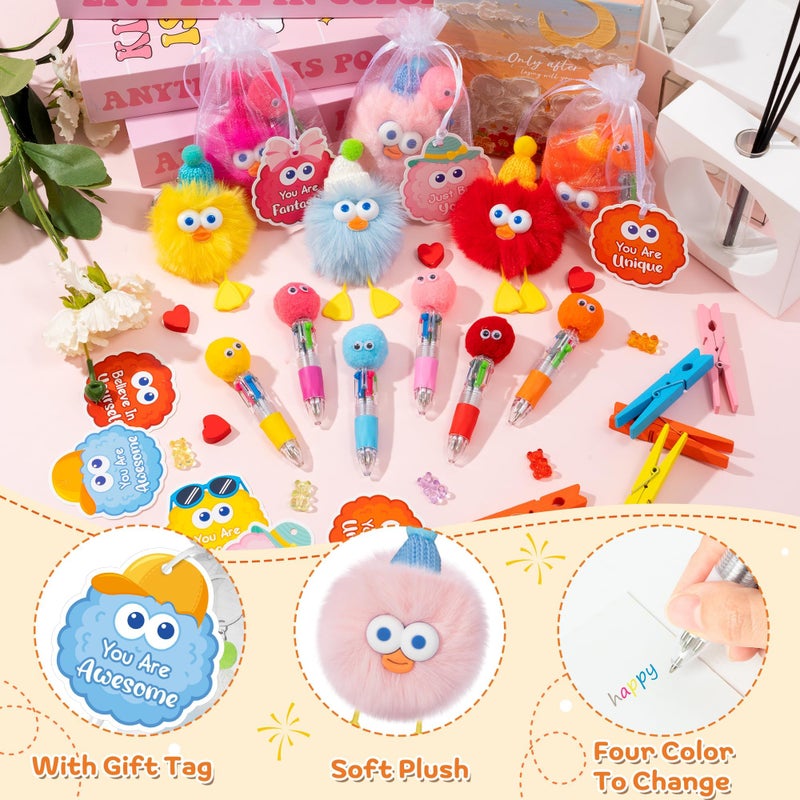 TICIAGA Fluffy Pom Pom Classroom Prize - 12 Set Cute Plush Toy Keychains with Motivational Gift Tags, 4-in-1 Ballpoint Pens and Organza Bags, Birthday Valentines Gifts for Girls Goodies Bag Fillers - Image 3