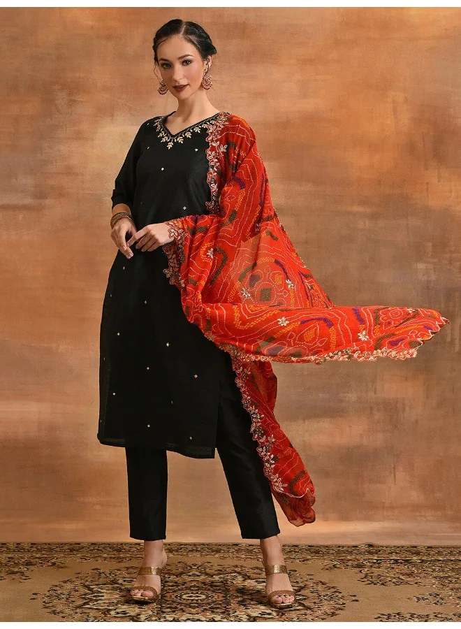 AKS AKS Couture Ethnic Motifs Embroidered V-Neck Straight Kurta & Trousers With Dupatta