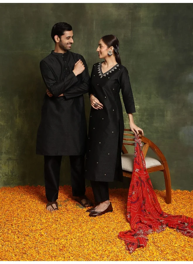 AKS AKS Couture Ethnic Motifs Embroidered V-Neck Straight Kurta & Trousers With Dupatta