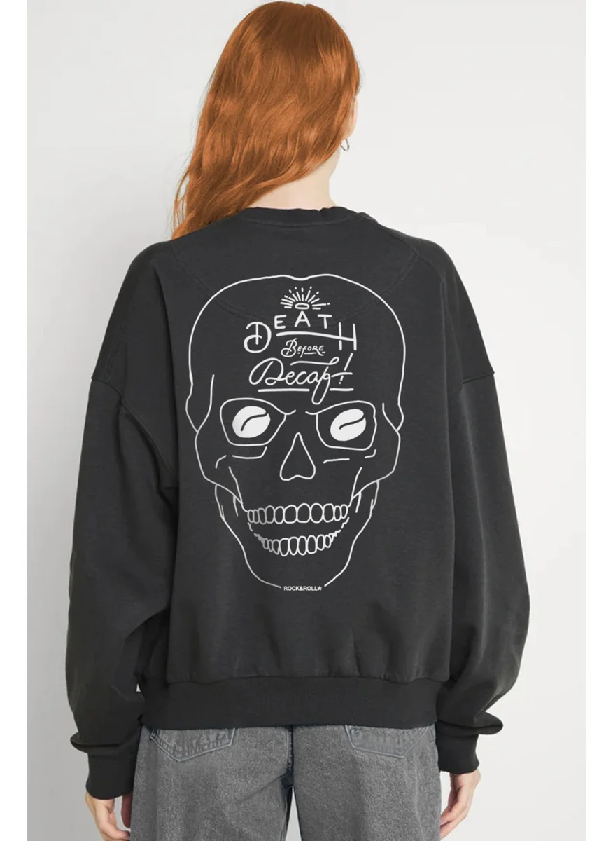 Rock&Roll Forehead Anthracite Crew Neck Front and Back Printed Thick Women's Sweatshirt