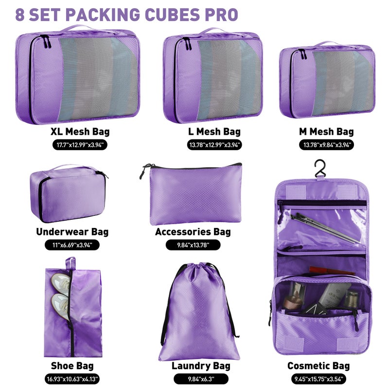 Toncoke 8-Piece Packing Cubes For Travel  Mesh Luggage Organizers With Shoe Bag  Toiletry Bag  Laundry Pouches  4 Sizes (Xl/L/M/S) For Suitcase Organization  Men Women Kids  Purple - Image 2