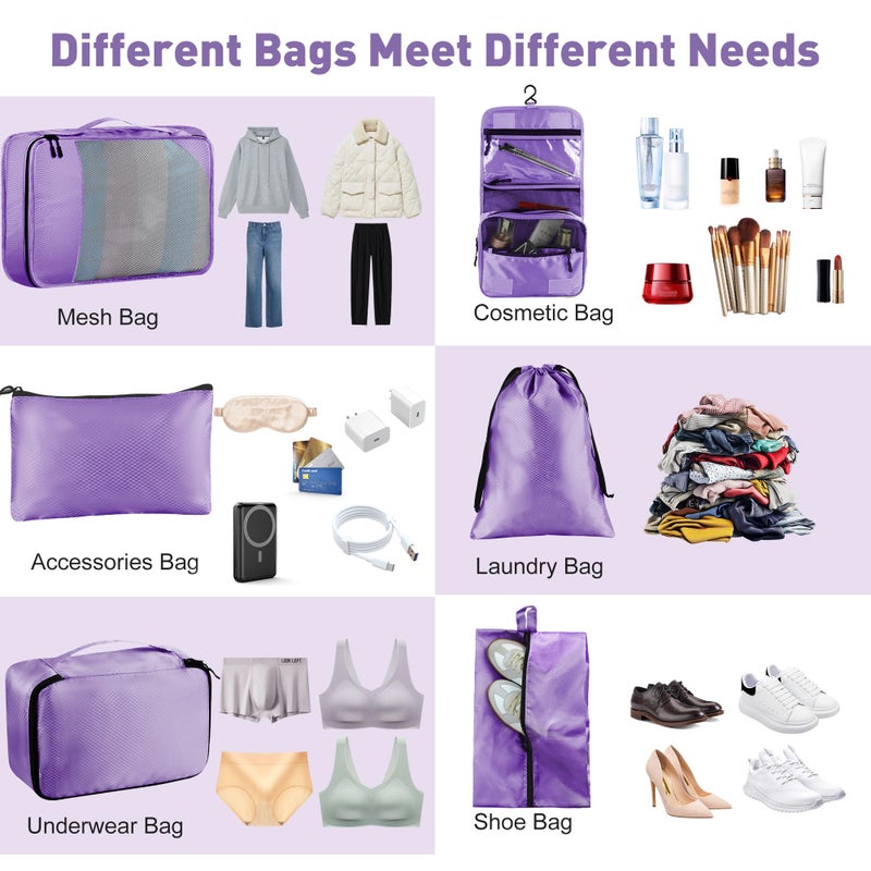 Toncoke 8-Piece Packing Cubes For Travel  Mesh Luggage Organizers With Shoe Bag  Toiletry Bag  Laundry Pouches  4 Sizes (Xl/L/M/S) For Suitcase Organization  Men Women Kids  Purple - Image 5