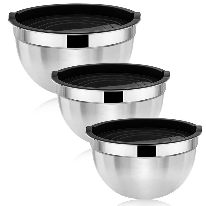 MIXING BOWL SET OF 3 STAINLESS STEEL NESTING BOWL WITH BLACK AIRTIGHT LIDS IDEAL FOR BAKING COOKING SERVING NONTOXIC RUST FREE DISHWASHER SAFE 452715 QT