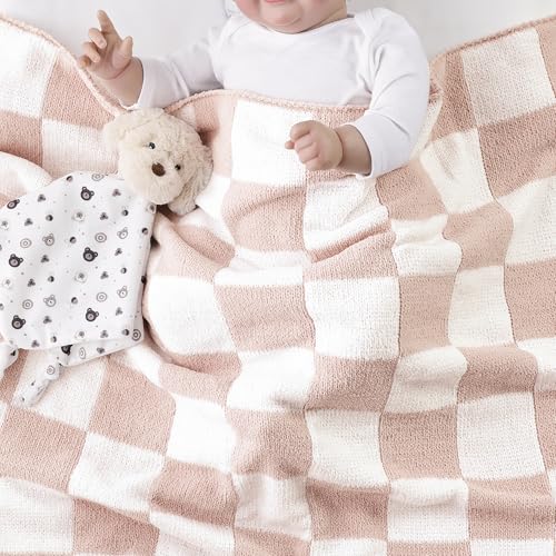 CREVENT 30"X40" Cozy Soft Warm Chenille Baby Blanket for Girls Boys, Newborn Essentials for Infant, Baby Shower Receiving Gift - Checked Pink 75X100cm - Image 3