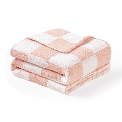 CREVENT 30"X40" Cozy Soft Warm Chenille Baby Blanket for Girls Boys, Newborn Essentials for Infant, Baby Shower Receiving Gift - Checked Pink 75X100cm - Image 1