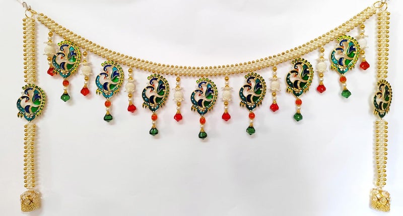 36 in Long Peacock Wall Decor Belt with LED Light Intricate Golden White Pearls with White Crystal Stones Embedded Multicolor Metal Wall Door Decoration Diwali Housewarming Door Toran Welcome Belt  - Image 1