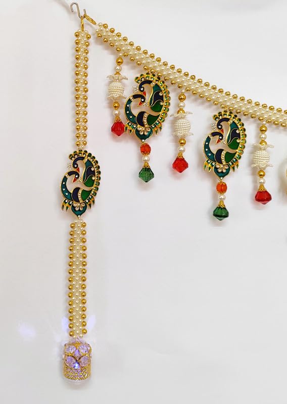 36 in Long Peacock Wall Decor Belt with LED Light Intricate Golden White Pearls with White Crystal Stones Embedded Multicolor Metal Wall Door Decoration Diwali Housewarming Door Toran Welcome Belt  - Image 3