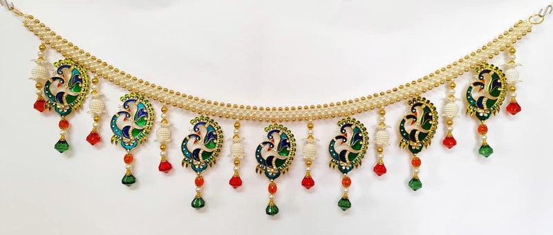 36 in Long Peacock Wall Decor Belt with LED Light Intricate Golden White Pearls with White Crystal Stones Embedded Multicolor Metal Wall Door Decoration Diwali Housewarming Door Toran Welcome Belt  - Image 4
