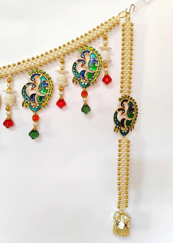 36 in Long Peacock Wall Decor Belt with LED Light Intricate Golden White Pearls with White Crystal Stones Embedded Multicolor Metal Wall Door Decoration Diwali Housewarming Door Toran Welcome Belt  - Image 2