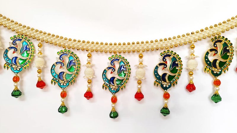 36 in Long Peacock Wall Decor Belt with LED Light Intricate Golden White Pearls with White Crystal Stones Embedded Multicolor Metal Wall Door Decoration Diwali Housewarming Door Toran Welcome Belt  - Image 5