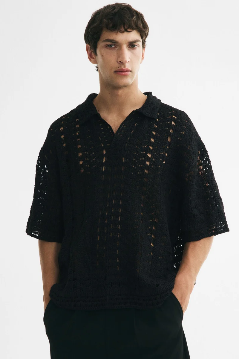 Relaxed Fit Crochet-look polo shirt