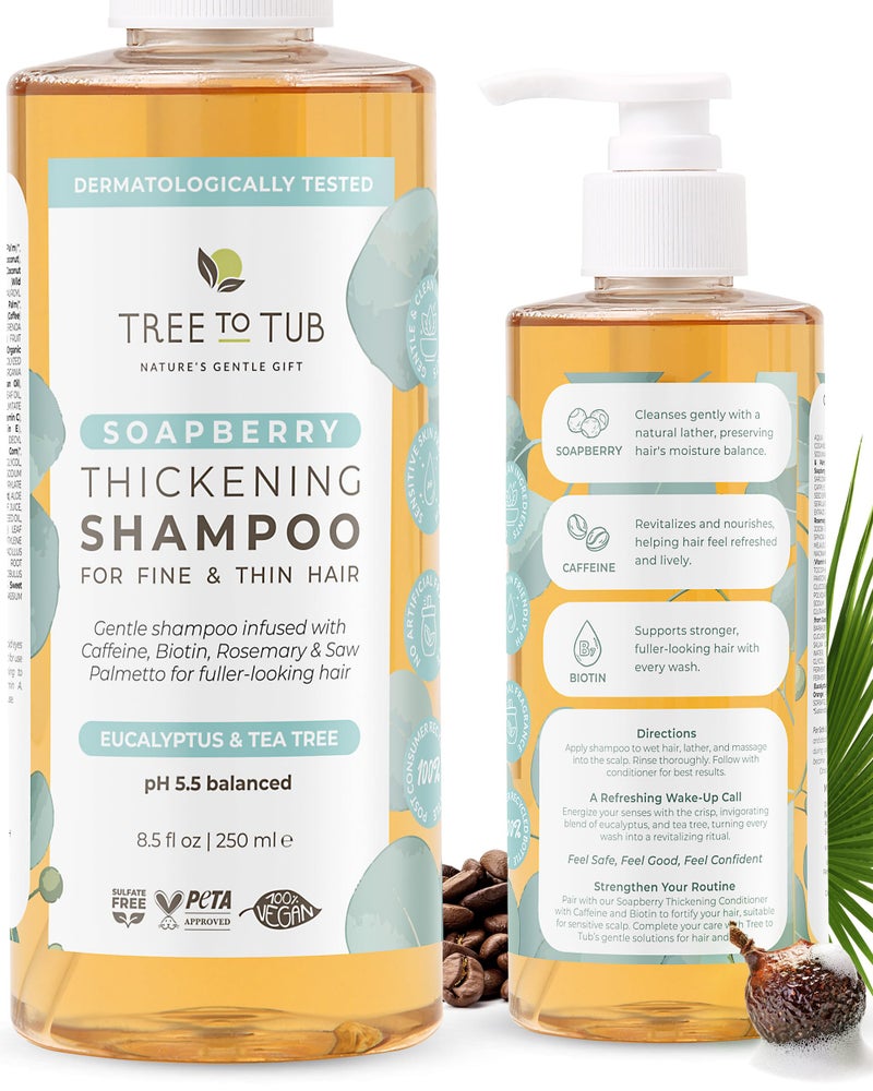 Tree to Tub Biotin Fine Hair Thickening Shampoo for Thicker, Fuller Volume - Gentle Volumizing Sulfate Free Argan Oil Shampoo for Women & Men w/Caffeine, Organic Saw Palmetto, All Natural Tea Tree - Image 1