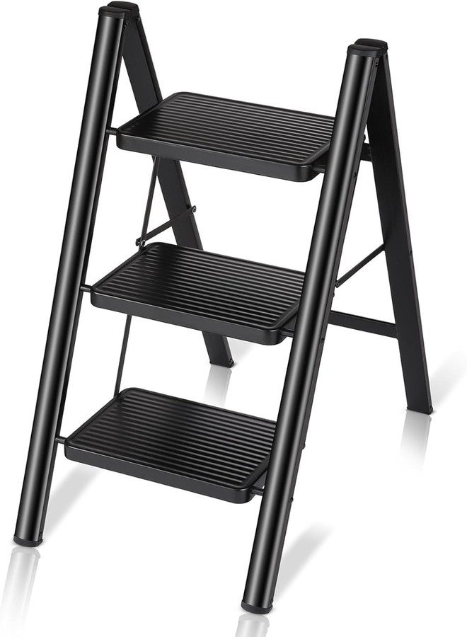 Matiko 3 Step Ladder, Folding Step Stool with Anti-Slip Wide Pedals, Sturdy Steel Frame, 330 lbs Capacity, Lightweight & Portable for Home, Kitchen, and Office Use (Black) - Image 1