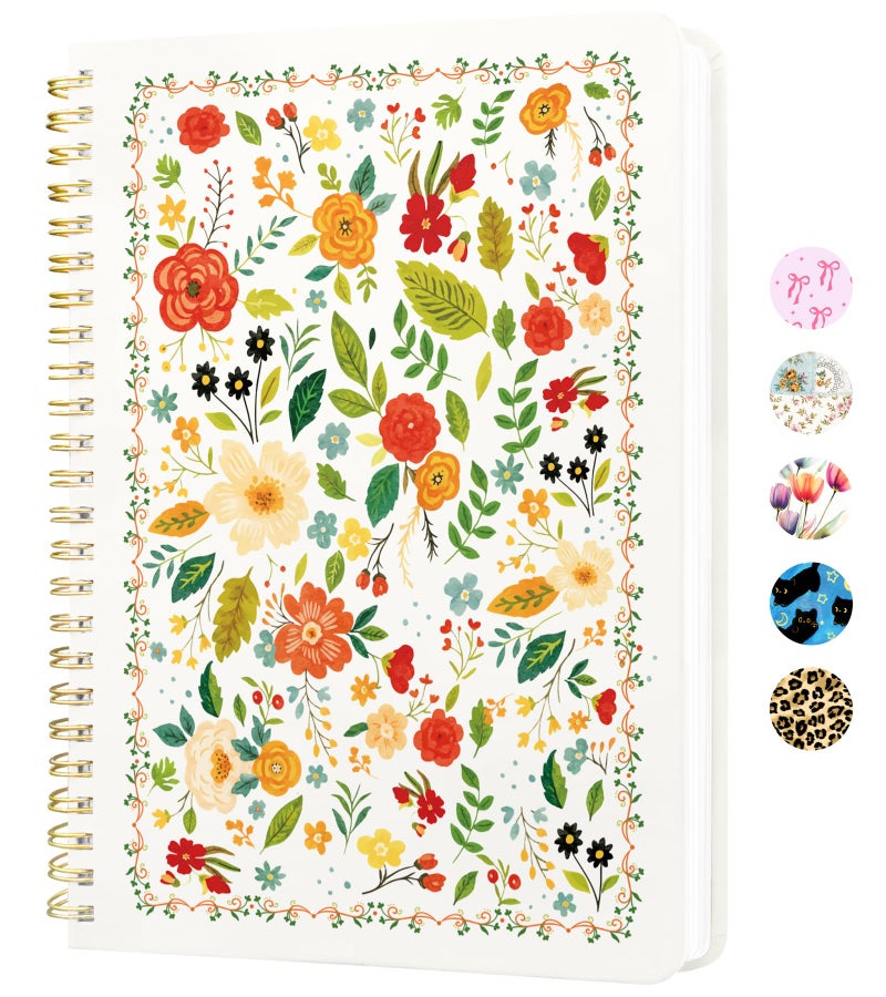 Stanoha Cute Spiral Notebook A5 Journal for Women Girls Kawaii Aesthetic Pretty Floral Design with Pocket, 8.5 x 5.7 inch, Line, Beige Floral - Image 1