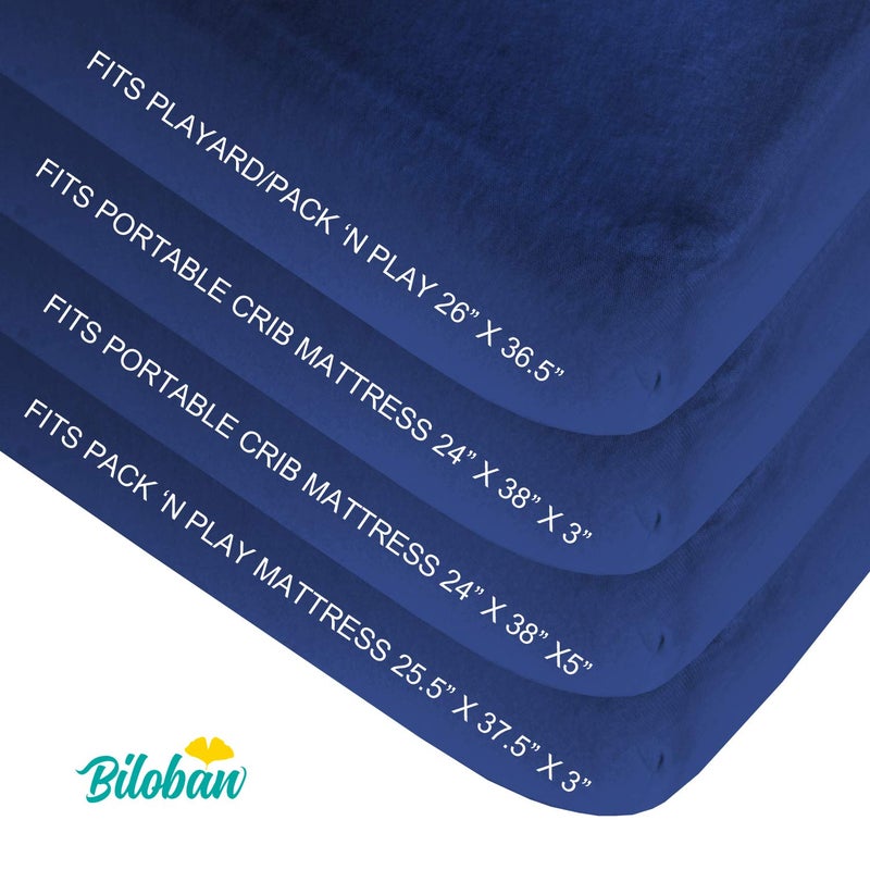 Biloban Pack and Play Sheets Fitted, 2 Pack Pack and Play Sheet Fits for Graco Pack n Play Mattress, Neutral Playard Sheets for Baby Boys and Girl, White & Navy Blue, 38”X 26” - Image 2