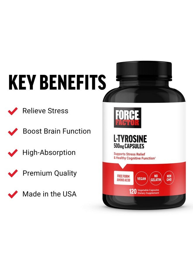 FORCE FACTOR L Tyrosine Stress Relief Supplement, L-Tyrosine Brain Health Supplements for Adults, L-Tyrosine 500mg Capsules, Free Form, Vegan, No Gelatin, Non-GMO, 120 Capsules - Image 2