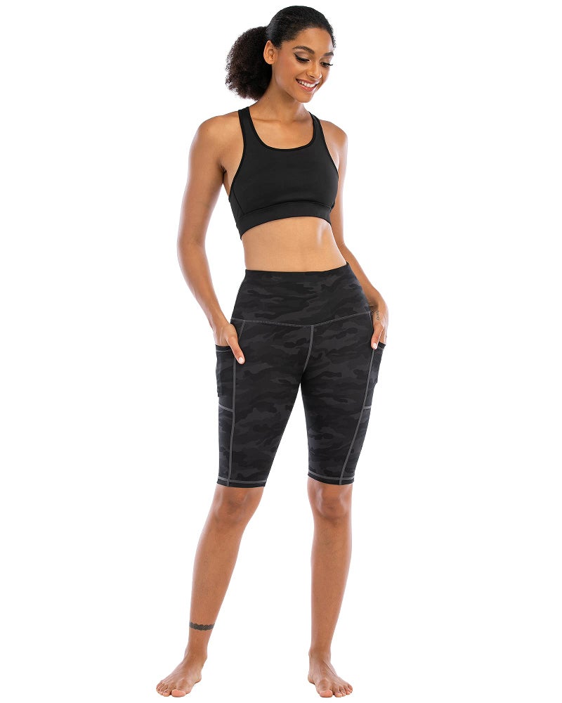 WHOUARE 4 Pack Biker Yoga Shorts with Pockets for Women,High Waisted Athletic Running Workout Gym Tummy Control,Grey Camouflage,Army Green Camouflage,Black,Dark Gray,L - Image 5