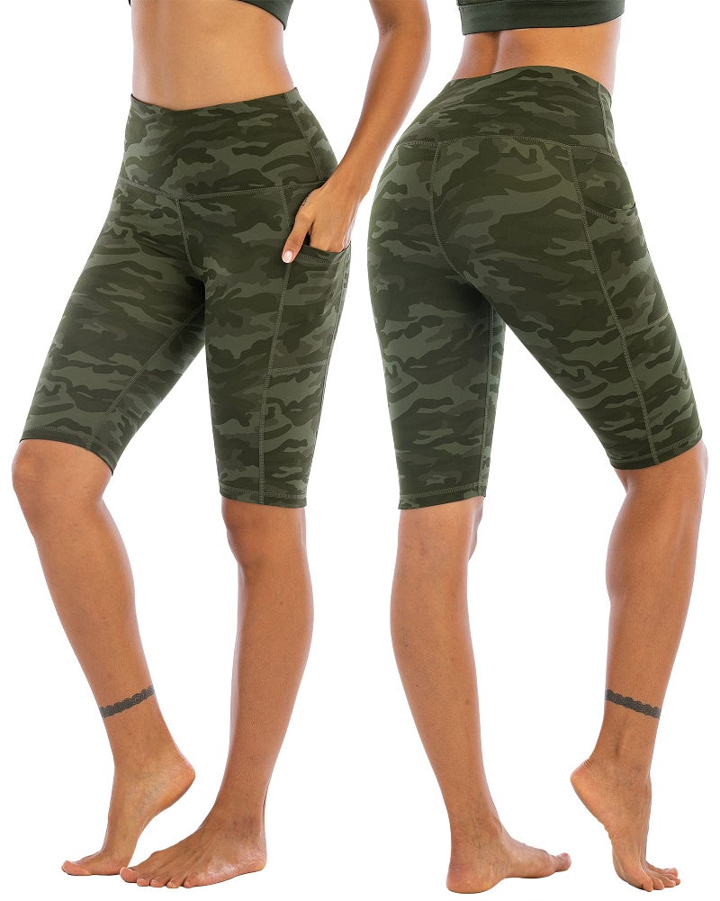 WHOUARE 4 Pack Biker Yoga Shorts with Pockets for Women,High Waisted Athletic Running Workout Gym Tummy Control,Grey Camouflage,Army Green Camouflage,Black,Dark Gray,L - Image 2