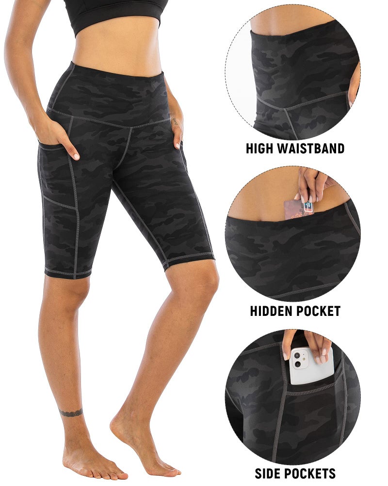 WHOUARE 4 Pack Biker Yoga Shorts with Pockets for Women,High Waisted Athletic Running Workout Gym Tummy Control,Grey Camouflage,Army Green Camouflage,Black,Dark Gray,L - Image 3