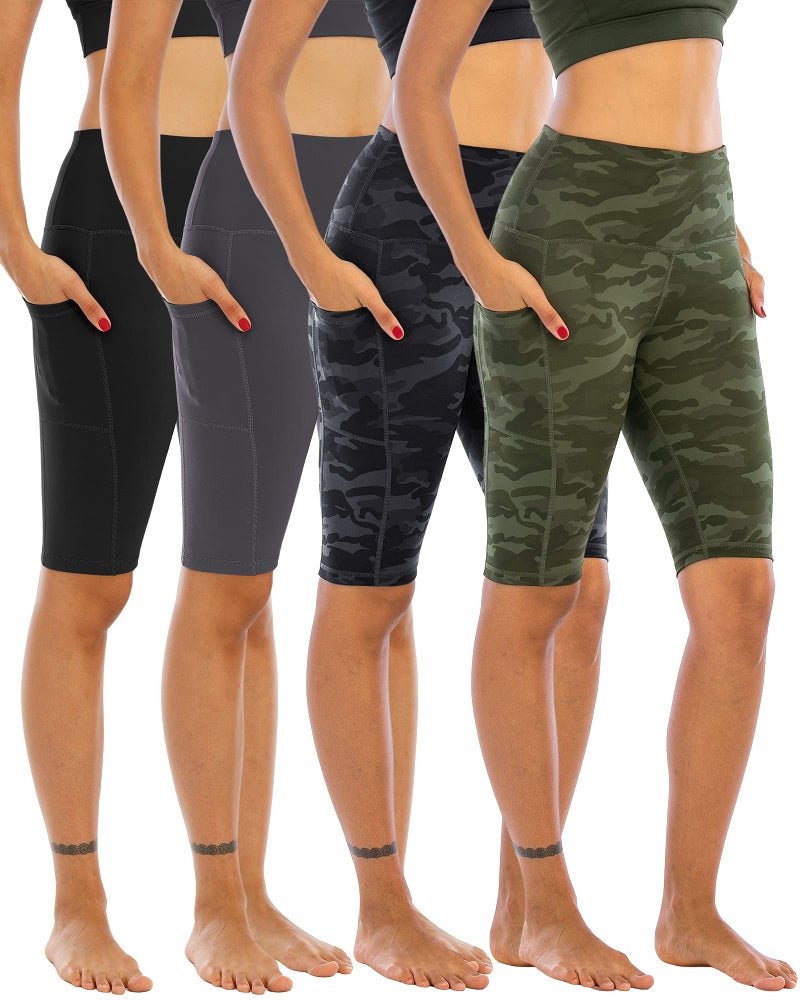 WHOUARE 4 Pack Biker Yoga Shorts with Pockets for Women,High Waisted Athletic Running Workout Gym Tummy Control,Grey Camouflage,Army Green Camouflage,Black,Dark Gray,L - Image 1