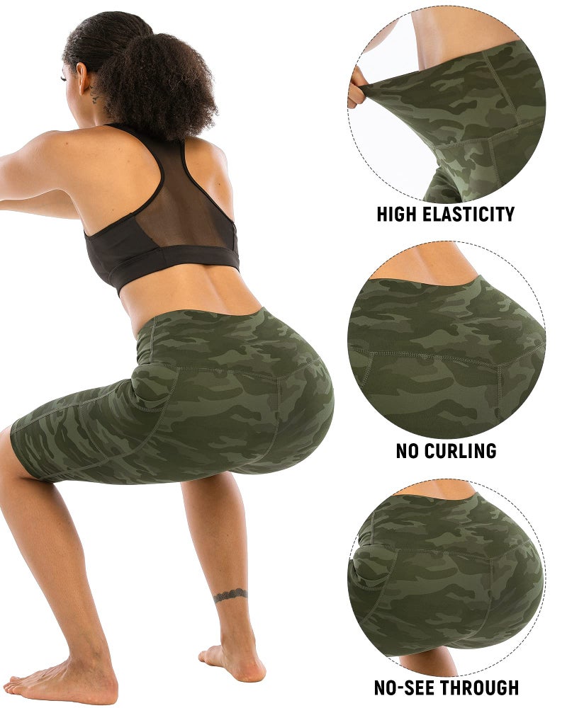 WHOUARE 4 Pack Biker Yoga Shorts with Pockets for Women,High Waisted Athletic Running Workout Gym Tummy Control,Grey Camouflage,Army Green Camouflage,Black,Dark Gray,L - Image 4