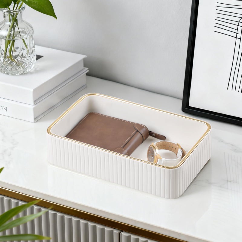 MEIBOOCH Desk Organizer Tray, PU Leather Nightstand Organizer Perfume Valet Tray for Men Women, Decorative Vanity Trays Trinket Dish Key Bowl for Entryway Table (Ivory, Small) - Image 2