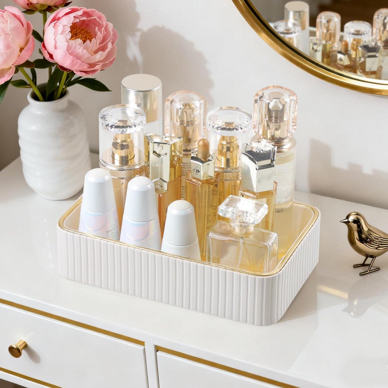 MEIBOOCH Desk Organizer Tray, PU Leather Nightstand Organizer Perfume Valet Tray for Men Women, Decorative Vanity Trays Trinket Dish Key Bowl for Entryway Table (Ivory, Small) - Image 3
