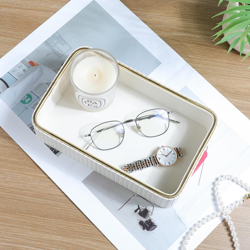 MEIBOOCH Desk Organizer Tray, PU Leather Nightstand Organizer Perfume Valet Tray for Men Women, Decorative Vanity Trays Trinket Dish Key Bowl for Entryway Table (Ivory, Small) - Image 4