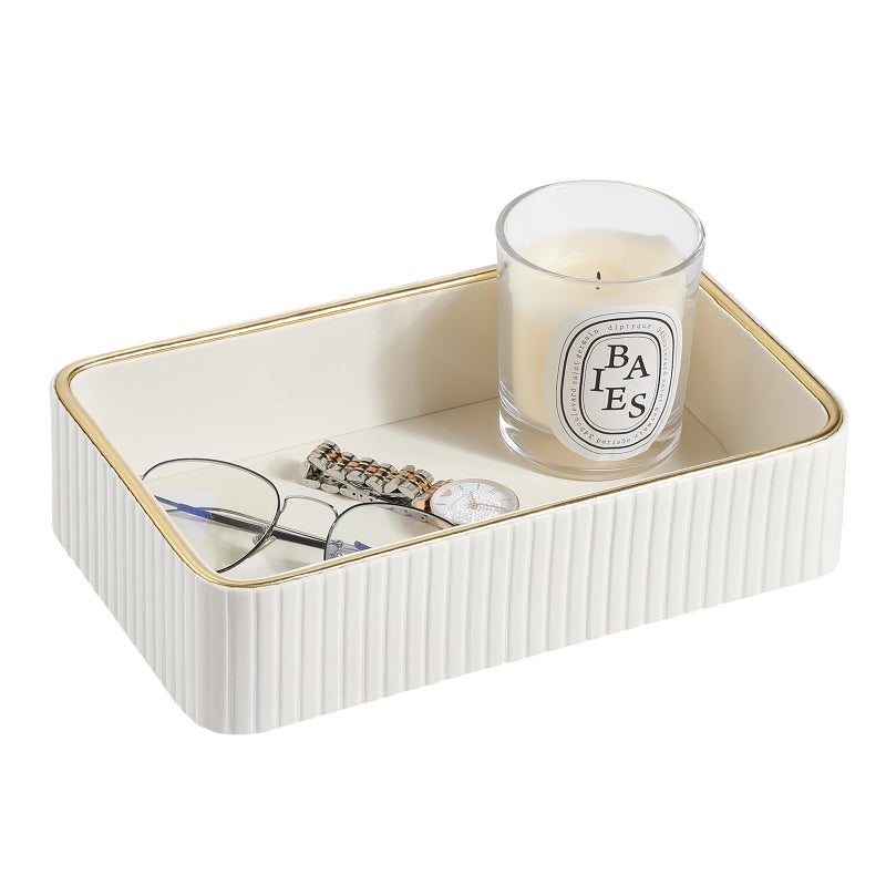 MEIBOOCH Desk Organizer Tray, PU Leather Nightstand Organizer Perfume Valet Tray for Men Women, Decorative Vanity Trays Trinket Dish Key Bowl for Entryway Table (Ivory, Small) - Image 1
