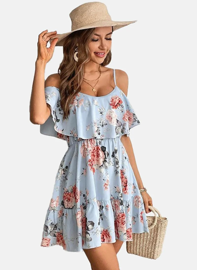 YUNIQEE Blue Floral Sleeveless Tie-up Mini Fit & Flare Dress
